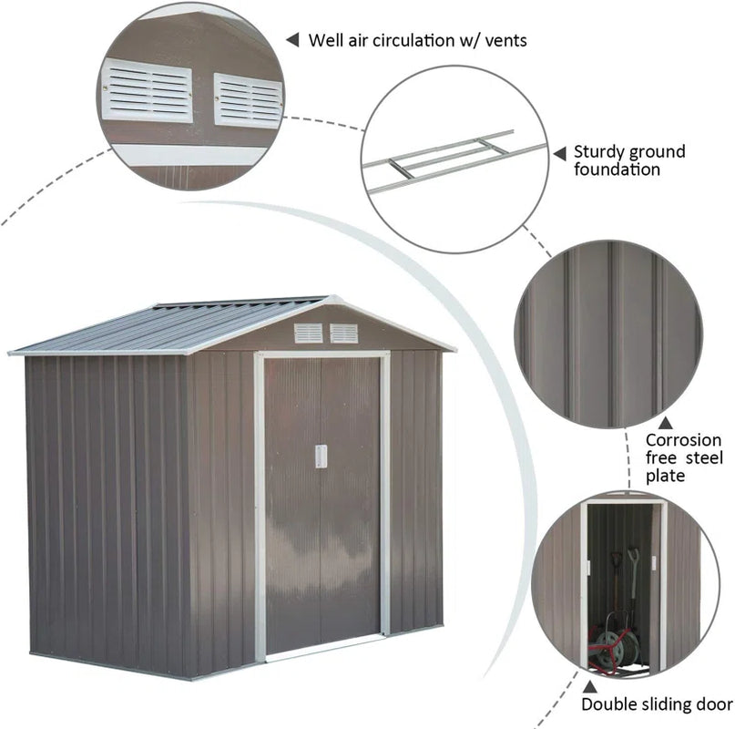 7 x 4 ft Metal Apex Garden Shed, Lockable Outdoor Storage Shed with Double Sliding Doors