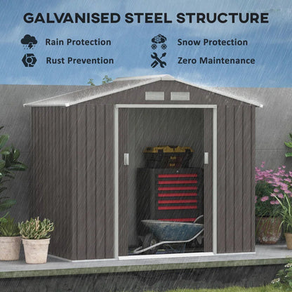 7 x 4 ft Metal Apex Garden Shed, Lockable Outdoor Storage Shed with Double Sliding Doors