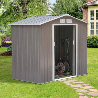 7 x 4 ft Metal Apex Garden Shed, Lockable Outdoor Storage Shed with Double Sliding Doors