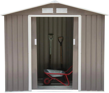 7 x 4 ft Metal Apex Garden Shed, Lockable Outdoor Storage Shed with Double Sliding Doors