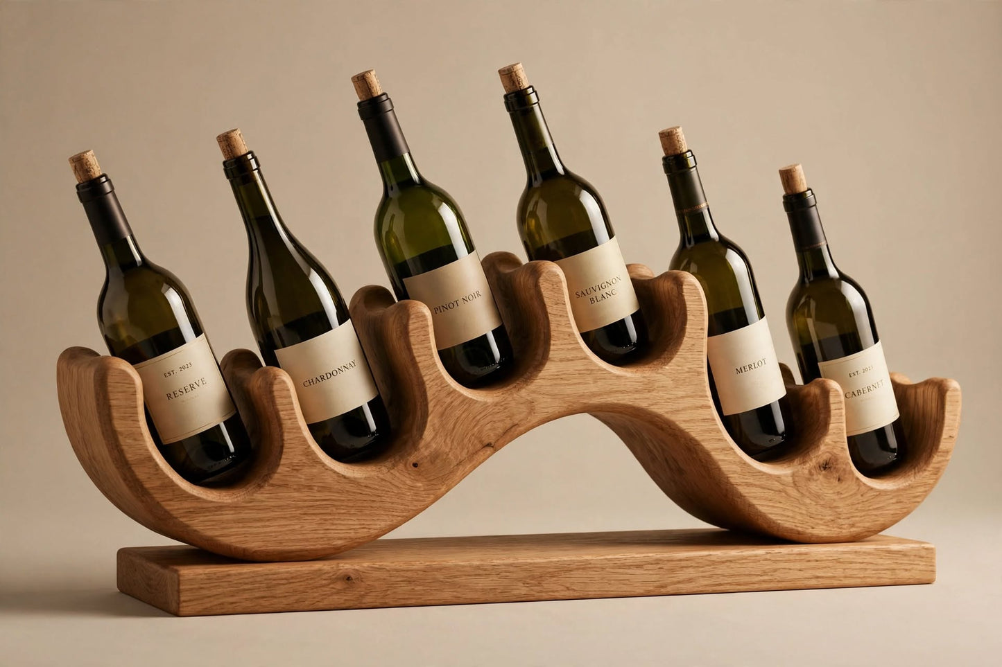 Handcrafted Solid Oak Wave Wine Rack, 6 Bottle